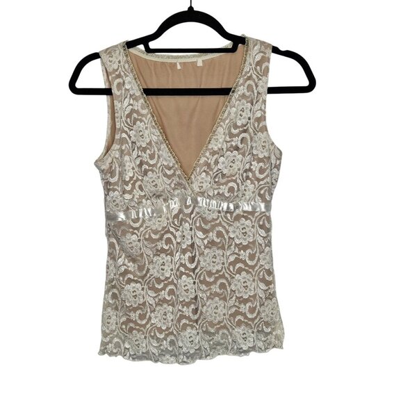 Vintage Elegant Womens Lace Sleeveless Top Satin Ribbon Beige Lining L 90s Y2K‎ - Picture 1 of 8
